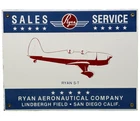 VINTAGE RYAN AIRPLANES PORCELAIN SIGN AIRCRAFT INC SAN DIEGO HANGAR PLANE