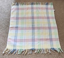 Vintage Pastel Plaid Fringe Acrylic Baby Blanket 35 x46 Made In USA