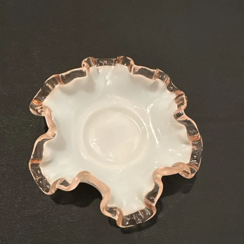 Vintage Fenton rose crest Milk glass bowl/dish with pink ruffled/crimped edges