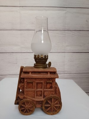 Vintage 1950s MCM Ceramic Stage Coach Chimney Small Base Oil Lamp w/ Globe