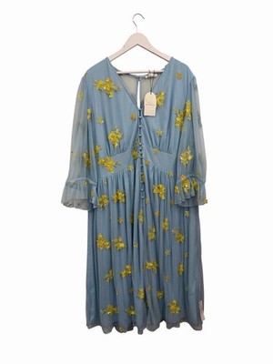 Monsoon blaues Midikleid Martha gelb Blumen Pailletten UVP 160£ Größe UK 24 Tüll