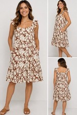 Universal Thread Floral Dress Women L Ivory Brown 100% Cotton Pockets NWT