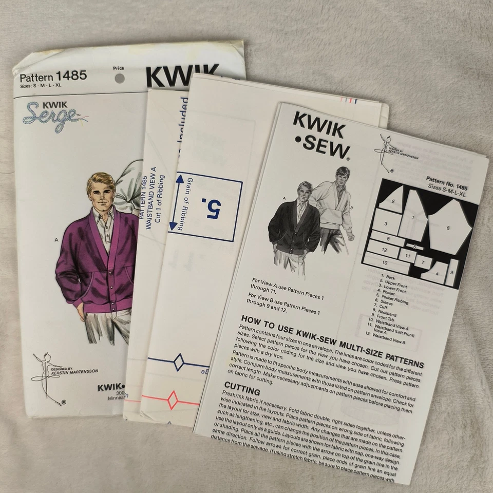 Vintage 80s Kwik Sew Pattern 1485 Men's Cardigan and Pullover S M L XL Uncut - Image 2 of 3