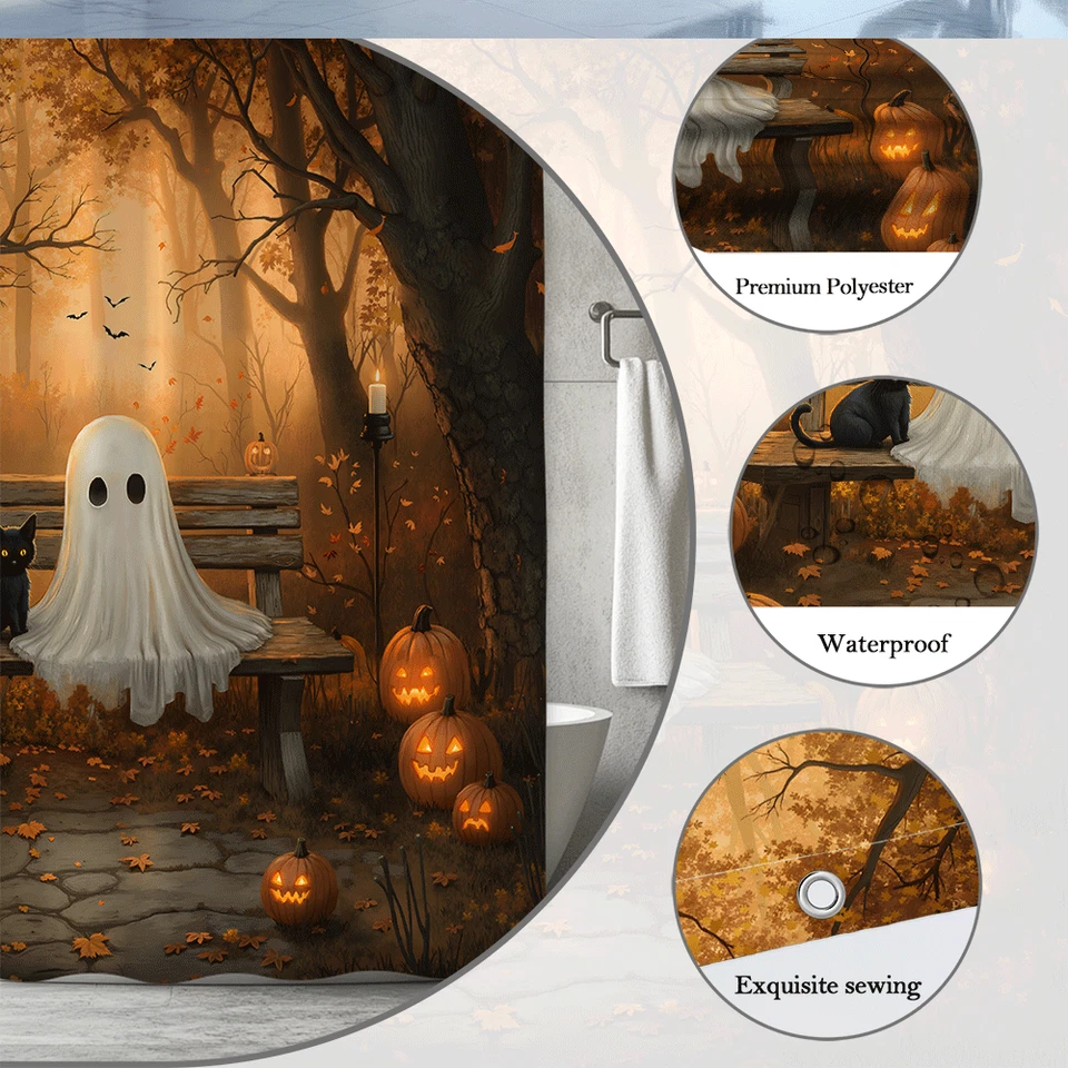 ChatGPT dijo: Lindo fantasma y gato negro cortina de ducha, diseño de calabaza de Halloween Foto 3 de 4