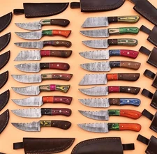 Lot of  10 – 8" Handmade Damascus Steel Skinner Knives with Leather Sheath