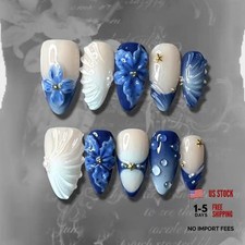 24Pcs Blue Flower Press on Nails - Medium Almond French Tip - Colorful -25
