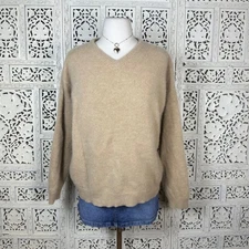 100% Cashmere Tan Beige V Neck Soft Long Sleeve Sweater Sz Womens Large