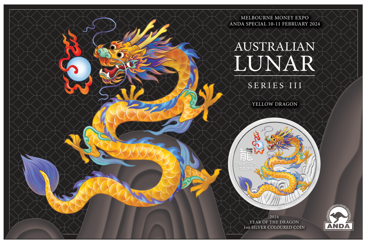 2024 Australia Yellow Lunar Year of the Dragon 1oz Silver $1