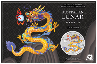 2024 Australia Yellow Lunar Year of the Dragon 1oz Silver $1