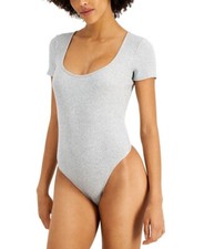 NWT JENNI Women's Sz L Square Neck Short Sleeves Ribbed Bodysuit Top Gray