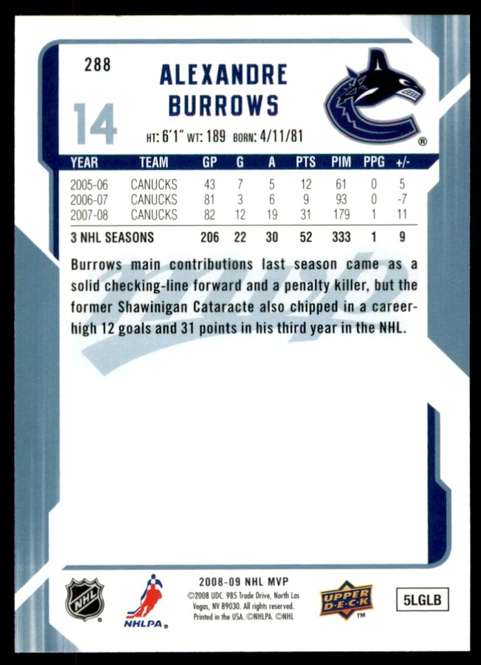 2008-09 Upper Deck MVP Alexandre Burrows #288 - Image 2 of 2