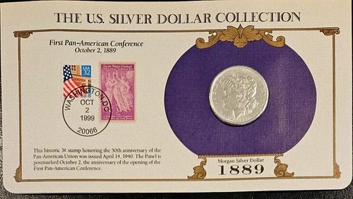 1889 Morgan Silver Dollar US Postal Commemorative Stamp Set Rare 3/32c Stamp AU+