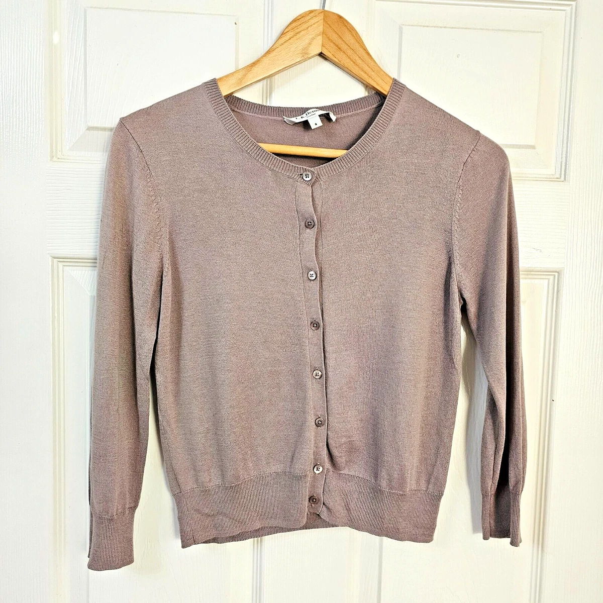 L.K. Bennett Women s Cardigan S Taupe Brown Silk with Cotton Round