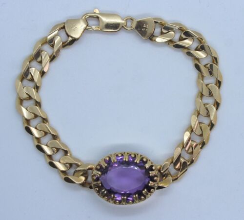 14K Gold Cuban CURB LINK Chain Bracelet W/ Amethyst 9mm - 7 1/2" OTC Italy- 35g