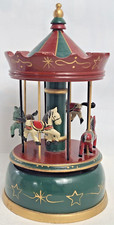 Vintage Hand Painted Wood Windup Musical Carousel 4 Horses 11  Tall