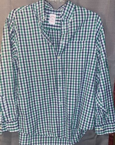 Brooks Brothers Shirt Mens Large Regular Fit Blue Green White Plaid Button Up