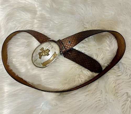 Vintage Tony Lama Belt Buckle German Silver Snake Stamp Print Brown Sz 35-36 - Picture 2 of 8