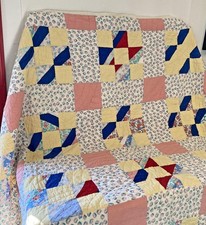 Vintage Patchwork Yellow Blue Feed Sack Quilt 60x72 AA9
