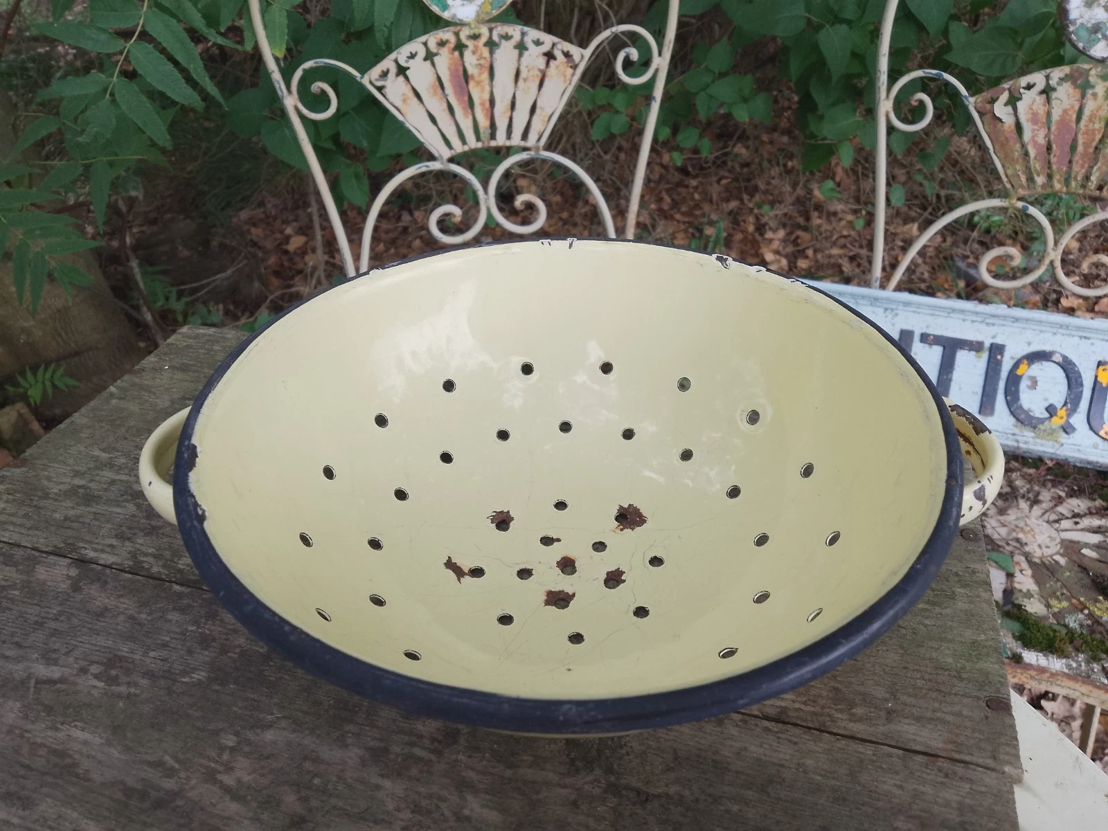 Antique Enamel Saucepan Colander Strainer Cream Circa 1900