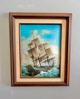 Vintage Lenticular Sailboat Art: 3D Hologram, Wood & Linen Frame