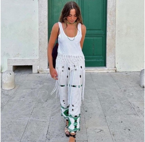 Zara Pants L Linen Blend Embroidered Boho Native Straight White Green Black