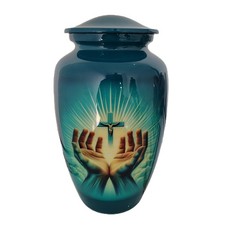 Blue Cross Metal Urn Human Ashes Adult Cremation Urns in Velvet Bag 10 "