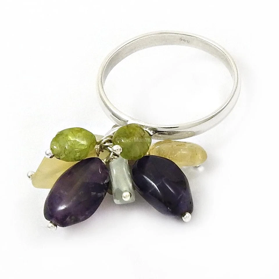 Weihnachtsgeschenk Echt Sterlingsilber Citrin Aquamarin Perlen Ring Schmuck US - Bild 3 von 4