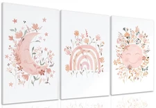 3PcsFramed Wildflower Nursery Canvas Wall Art Bohemian Sun and Moon Poster Pr...