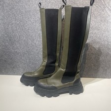 Public Desire Knee High Chunky Boots UK 4 Khaki Green Elastic Panel Pull On