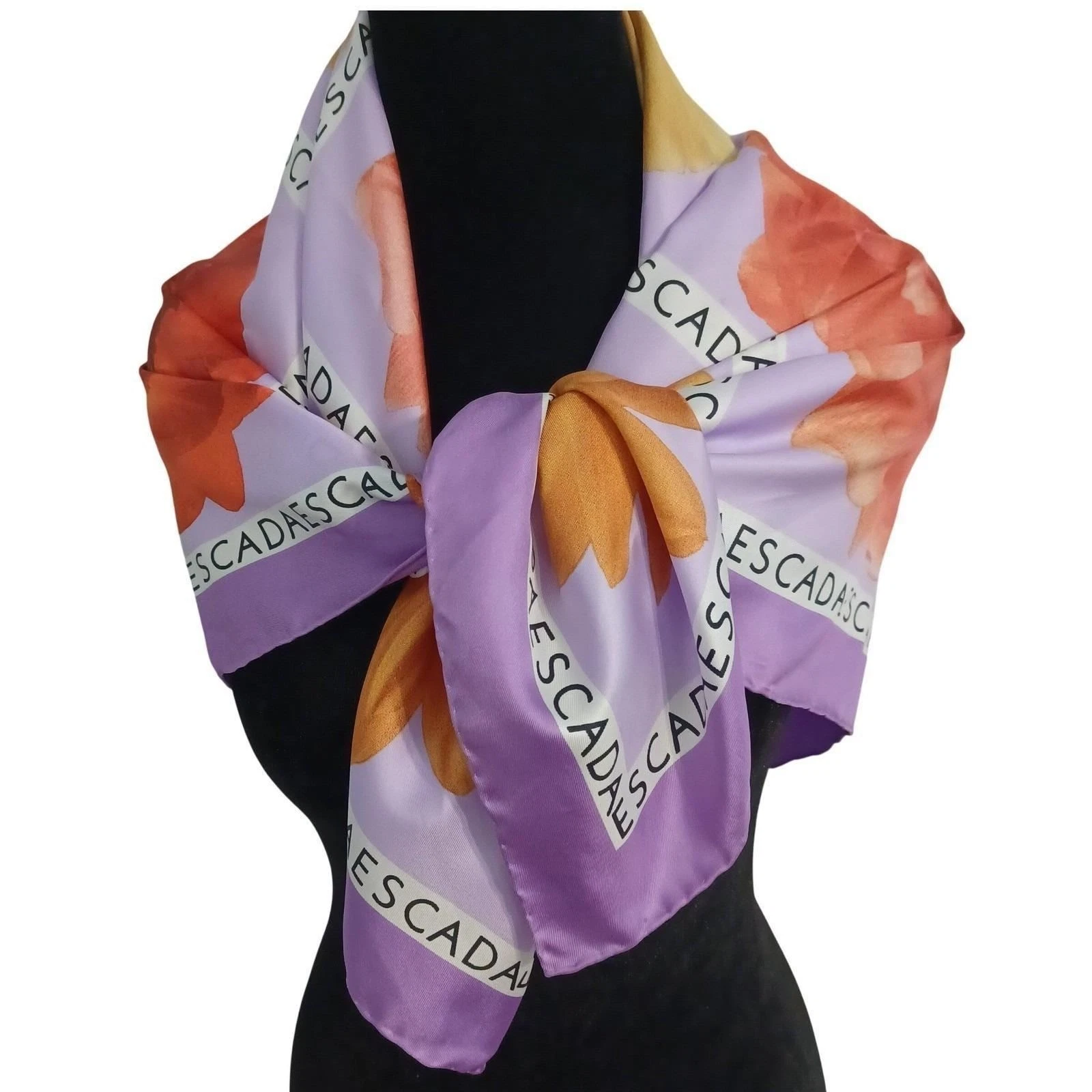 Escada Silk Scarf 34x34 Floral Lavender Orange Hand-Rolled Edge Made in Italy