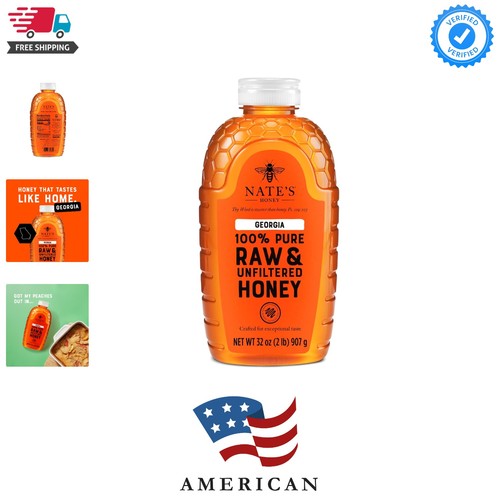 Nate's Georgia 100% Pure, Raw & Unfiltered Honey, 32 oz. Squeeze Bottle - All...