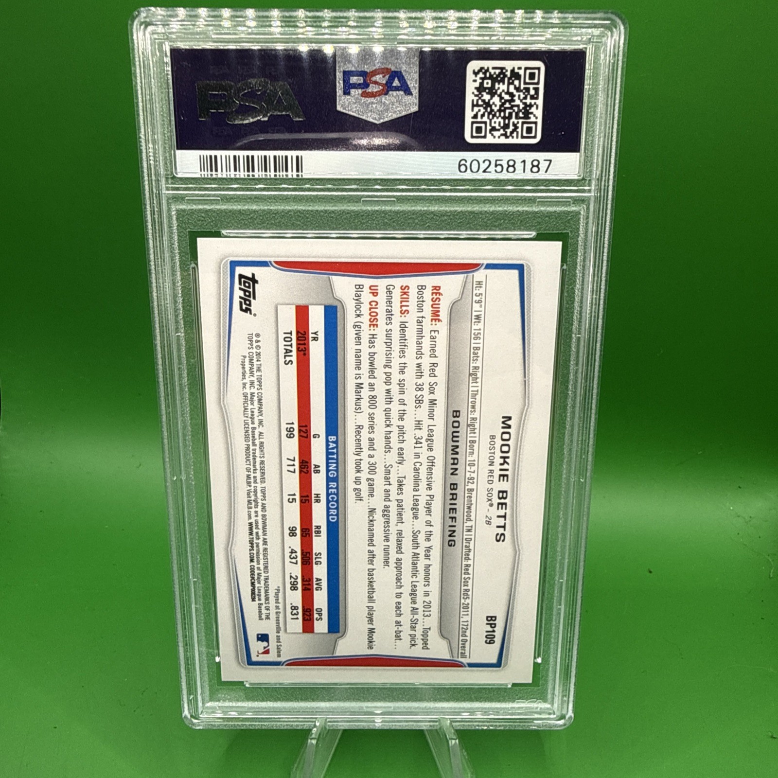 Mookie Betts 2014 Bowman Prospects BP109 Silver Ice PSA 9 MINT Rookie RC view 2