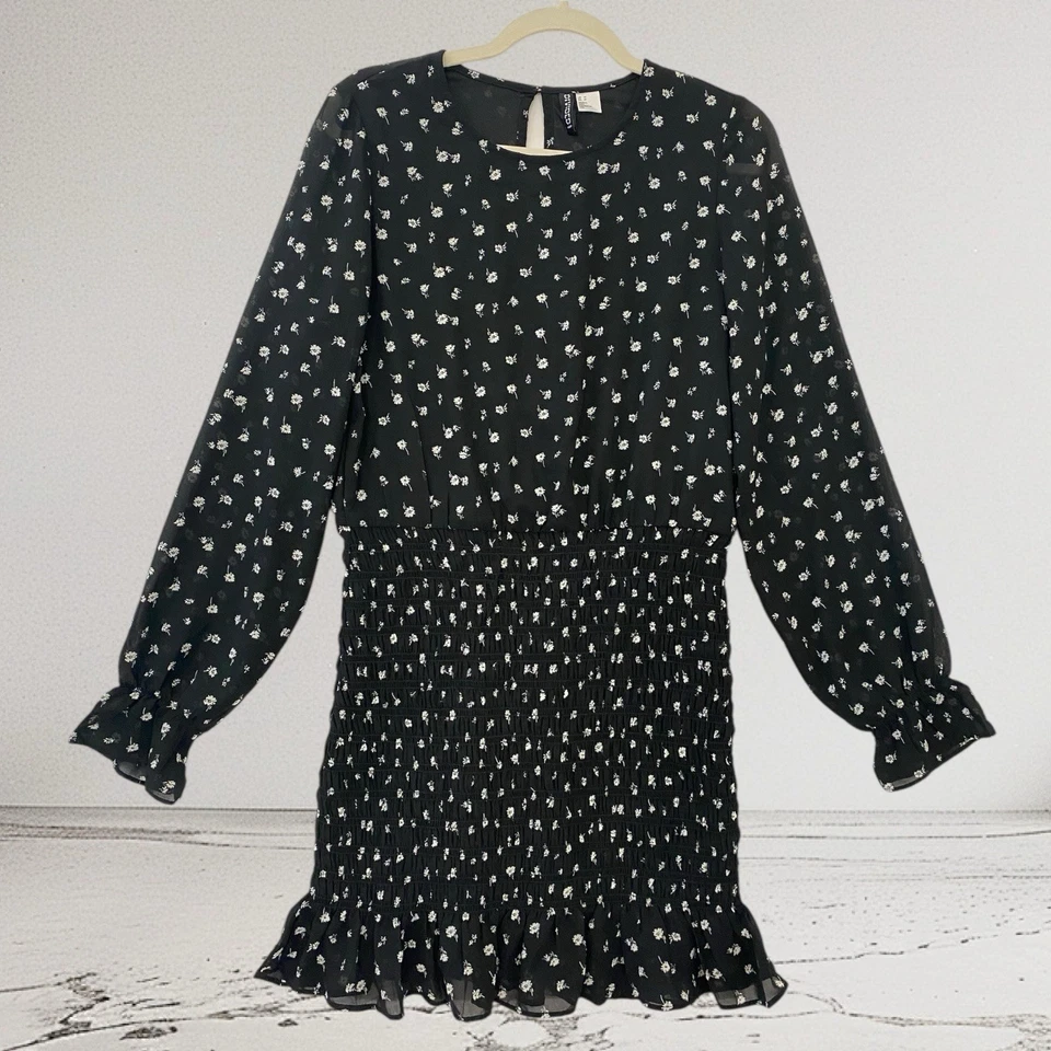 Mini Vestido Dividido H&M Para Mujer Negro Ditsy Floral Calado Talla Mediana Otoño Elegante Foto 2 de 4