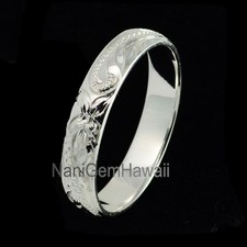 Hawaiian Band Ring 4mm Plumeria Flower Engraving Scrolling 925 Sterling Silver
