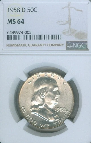 1958 D 50C Silver Franklin Half Dollar NGC MS 64