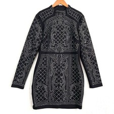 Va Va Voom Studded Long Sleeve Quilted Bodycon Party Mini Dress Womens L Black