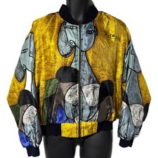 Vintage Picasso All Over Print Gold Yellow Silk Satin Bomber Jacket L FLAWED