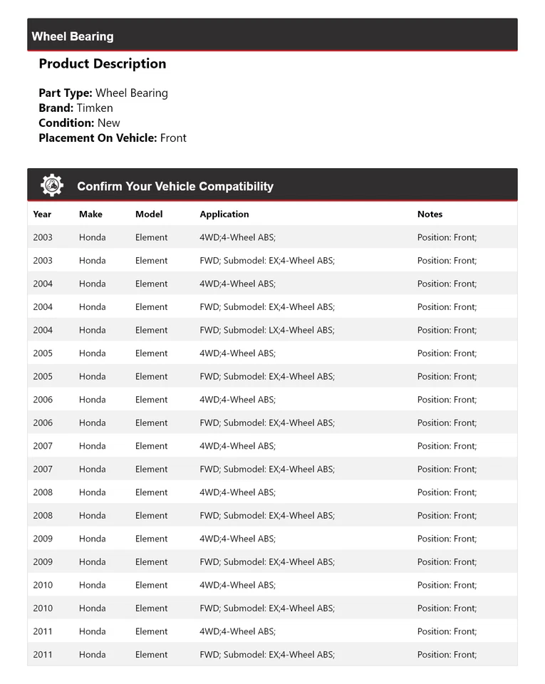 Cojinete de rueda delantero Timken 2004 2005 2006 2007 2008 para Honda Element 2003-2011 Foto 2 de 4