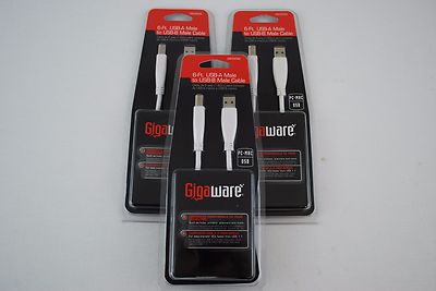 Lot of 3 New Gigaware, 6 Foot USB-A Male to Mini USB-B Male Cables White