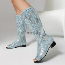 Women's Denim Jeans Boots Peep Toe Sequins Ripped Hole Mid Calf Boots Shoes New