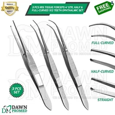 3 Pcs Iris Tissue Forceps 4″ Str, Half & Full-Curved 1×2 Teeth Ophthalmic Set