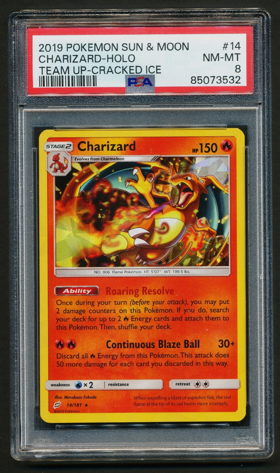 Charizard 14/181 Cracked Ice Holo Rare Pokémon 2019 S&M Team Up PSA 8 NM-MT
