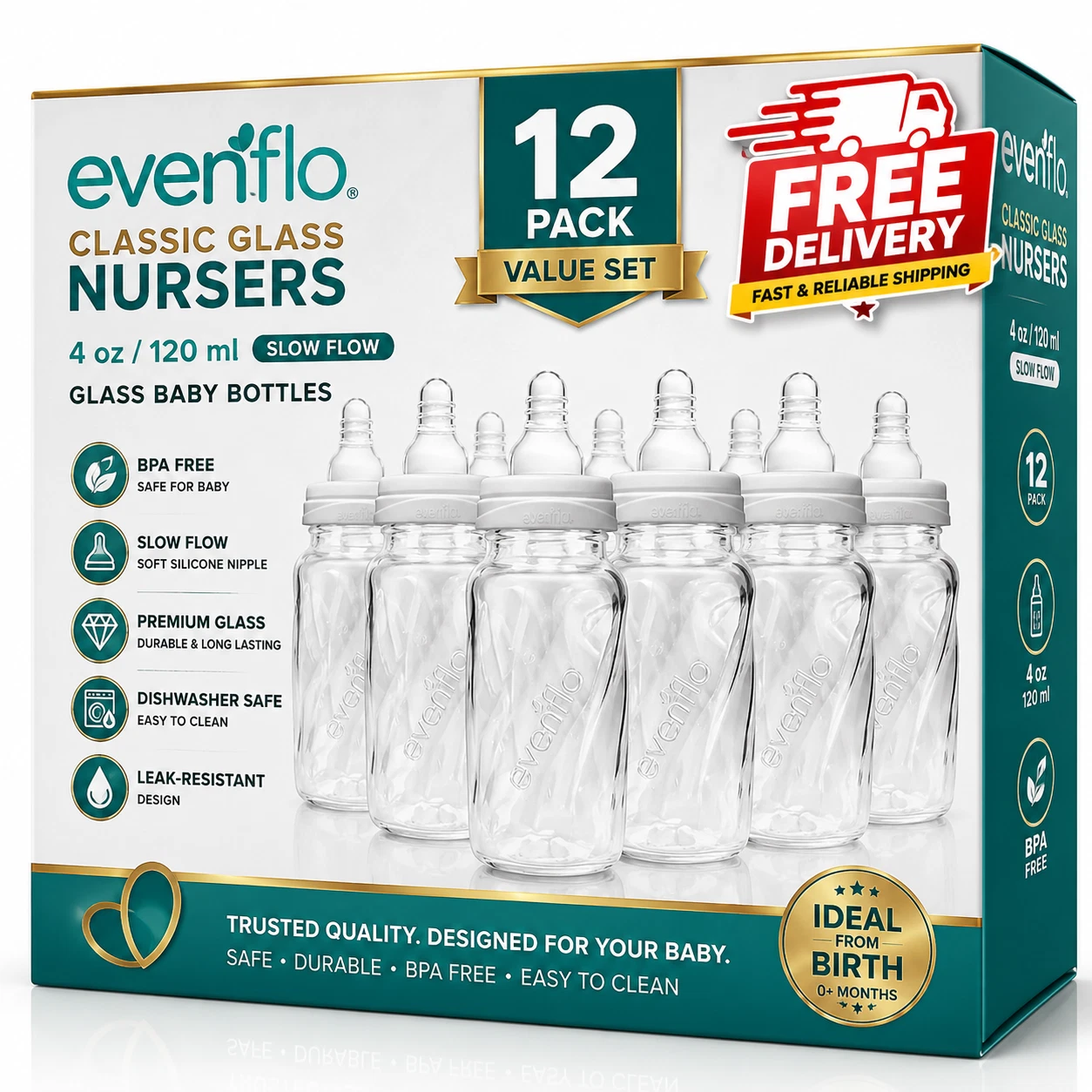 venflo Classic Glass Baby Bottles 4 oz 12 Pack BPA Free Infant Feeding FREE DELI