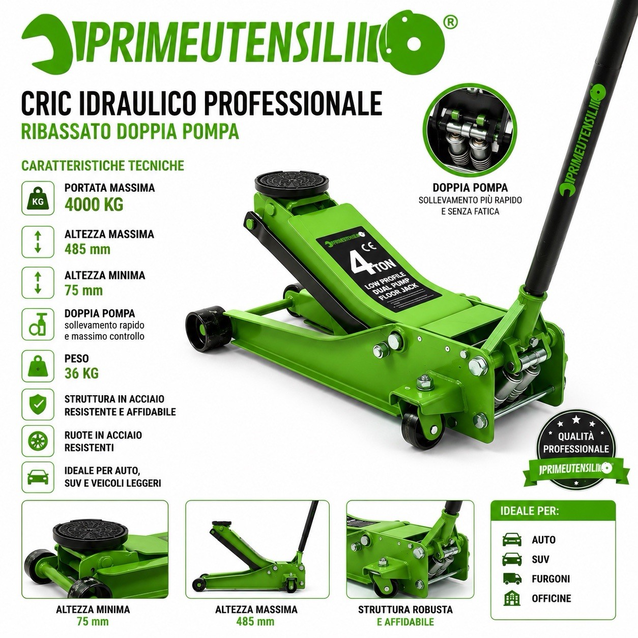Cric Auto Sollevatore idraulico 4T crick doppio pistone modello ribassato