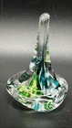 Vtg Hand Blown Art Glass Ring Holder Murano Style Green Blue Millefiori 3.75"