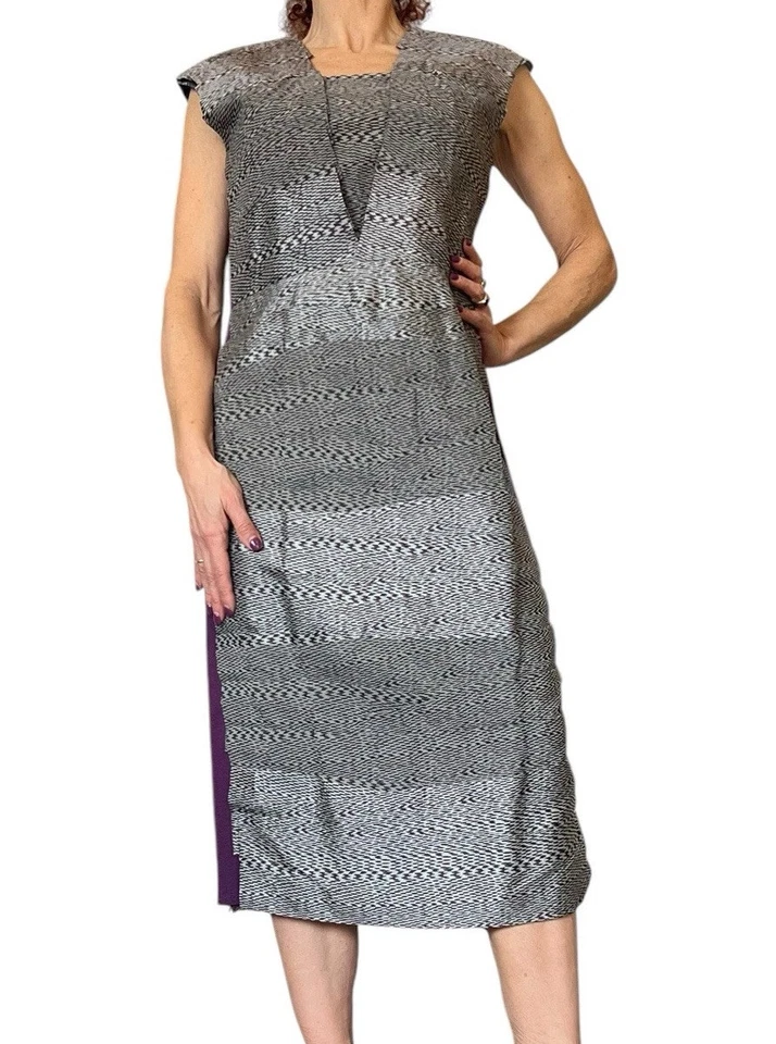 PORTS 1961 女式 8 鞋连衣裙迷笛袖子面板丝绸灰色紫色印花 — 第 3/4 张图片