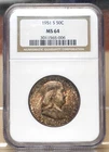 1951-S FRANKLIN HALF DOLLAR NGC MS64 565006 - UNIQUE TONING