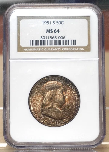 1951-S FRANKLIN HALF DOLLAR NGC MS64 565006 - UNIQUE TONING