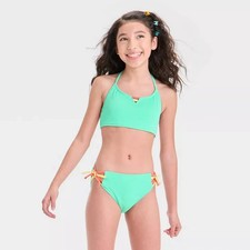 Girls' Ride the Wave Solid Ribbed Bikini Set Art Class Turquoise Green L 10/12