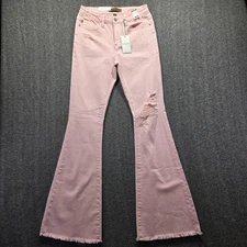 Judy Blue Jeans Womens 5/27 Pink Mid Rise Distressed Flare Raw Hem JB88595